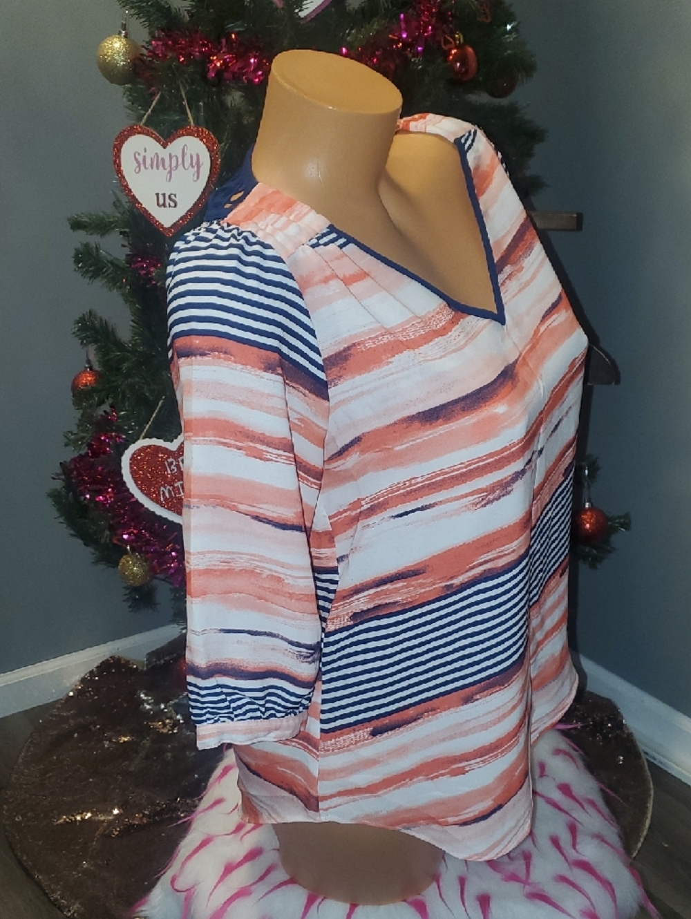 Iz Byer Striped V-Neck Blouse in Coral, Navy & White - Picture 3 of 7